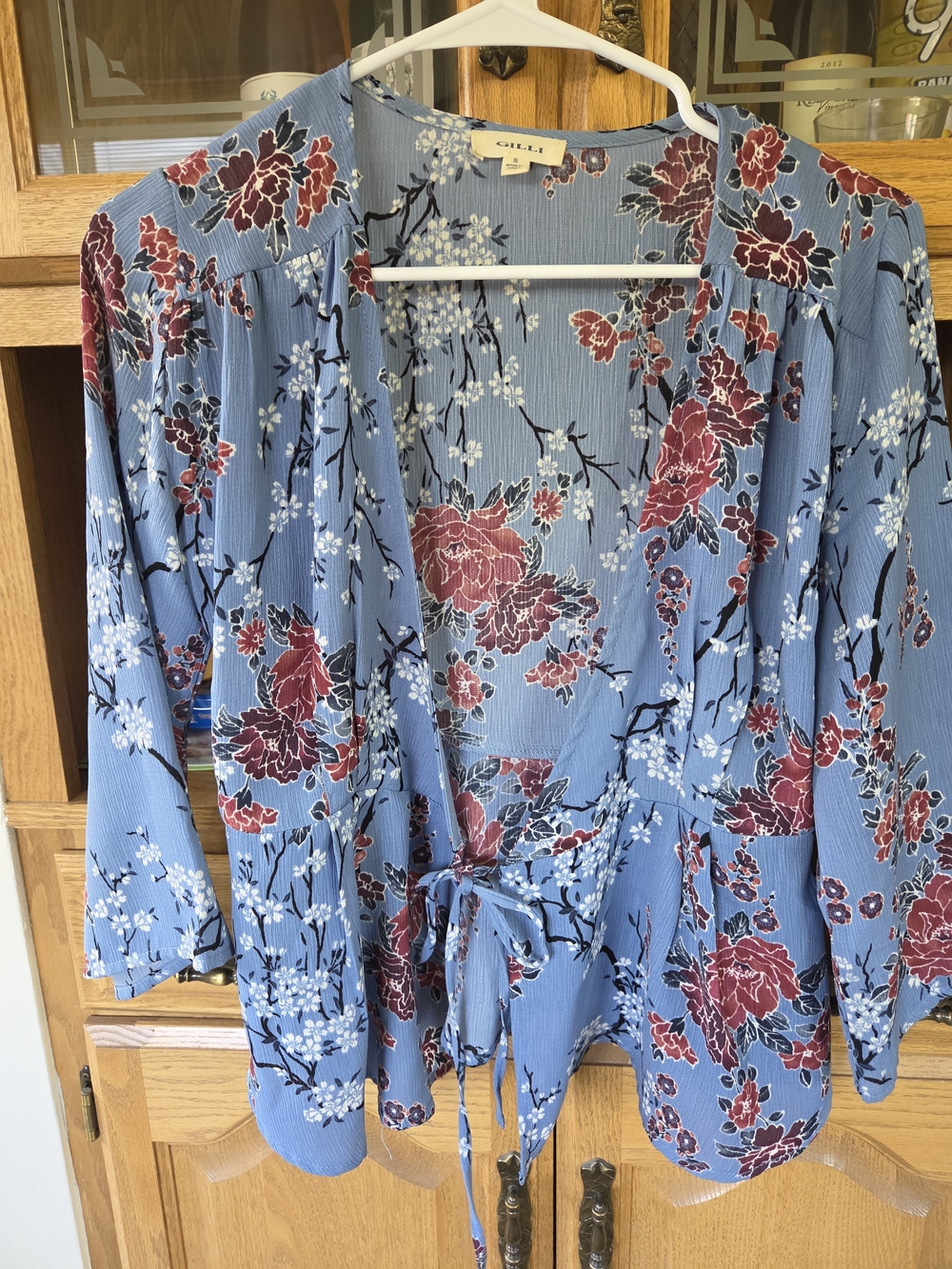 Gilli Light Blue Floral Tie-Front Tunic with Red Blossoms